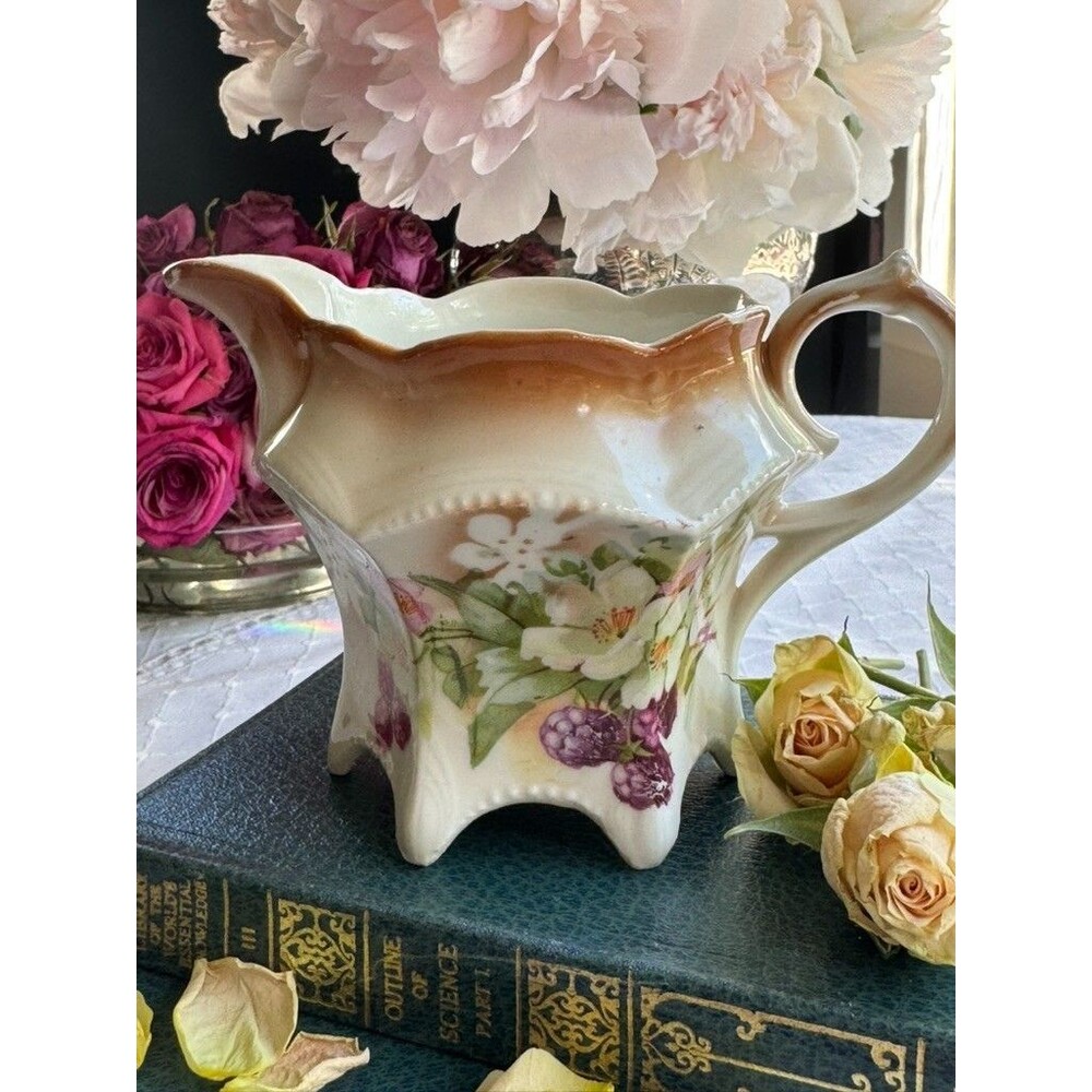 Rare Antique German Hand Painted Floral Footed Creamer Sepia Yellow Brown